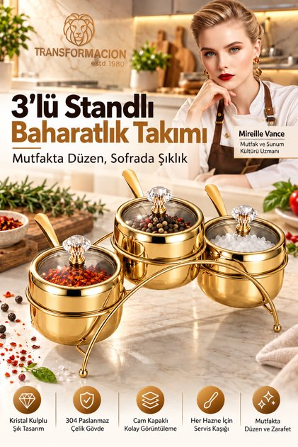 Gold 3-Piece Seasoning and Salt Shaker Set with Stand, Stylish Luxury Sauce Bowl Set with Crystal Handles, 18/10 Stainless Steel 723754