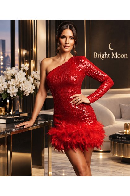 Women's Sequin Embroidered One-Sleeve Stylish Party Dress with Otriş Skirt