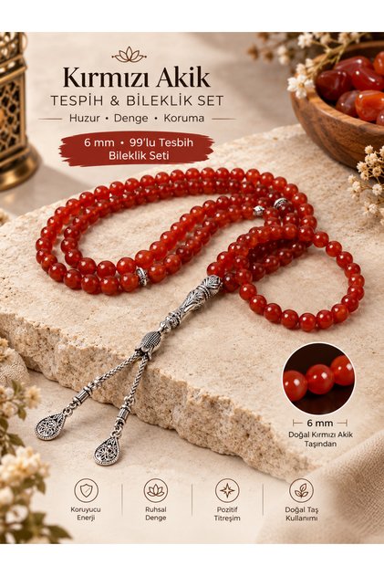 Red Agate Natural Stone 99-Piece Prayer Beads & Bracelet Set