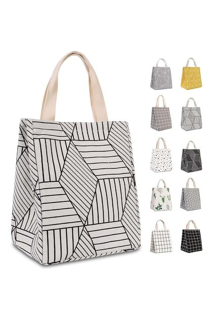 Insulated Canvas Lunch Tote Bag with Aluminum Foil Liner, Reusable Thermal Cooler Lunch Handbag Geo