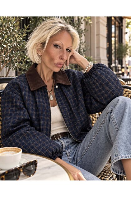 Oxford Lacivert Ekose Kontrast Yaka Bomber Ceket / Mont