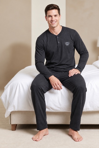 Men's Pajama Set, Openend Single Jersey Cotton, 30/1 Seasonal Fabric, Long Sleeve, Buttoned Collar, Anthracite