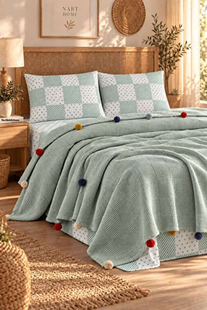 100% Cotton Double Pompom Pique Set Green (Pique + Sheet + Pillowcase)