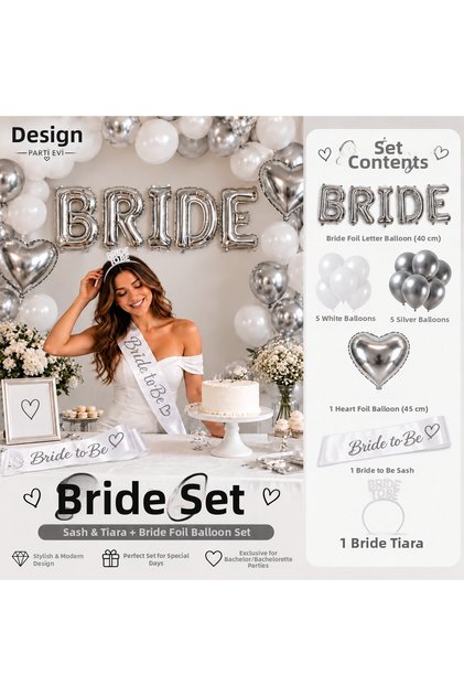 Bride to Be Bachelorette Set – Silver Foil Balloon, Sash, Crown, and Balloon Set