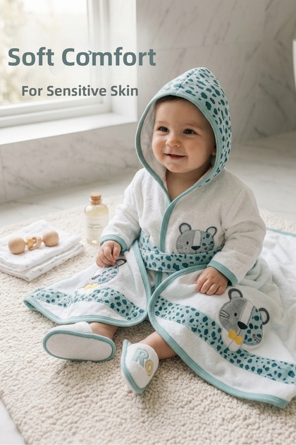100% Organic Cotton 0-2 Years 4 Piece Baby Cute Animal Embroidered Bathrobe Set Premium Quality