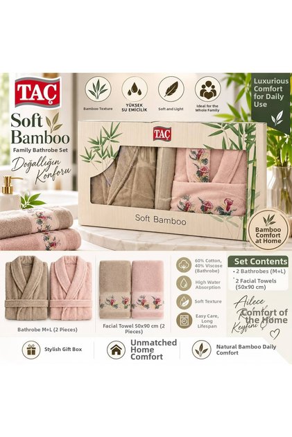 4-Piece Towel Bathrobe Family Set | Cotton | Embroidered | Dowry Set | 60% Cotton 40% Viscose Brown - Pink