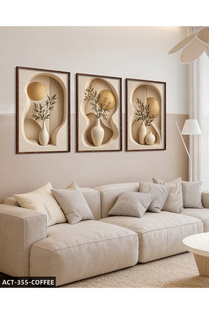 Gold Circle and Plant in Vase 3 Piece Wooden Framed Painting Act