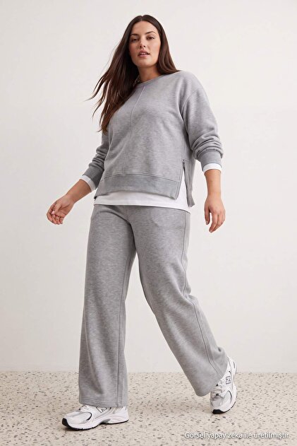 Gray Crew Neck Zipper Detailed Large Size Tracksuit Set Tbbaw27Ts00009