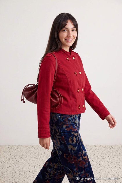 Red Judge Collar Oversize Epaulettes Detailed Plus Size Denim Jacket Tbbaw27Ag00042