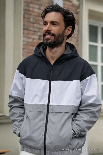 Men's Comfort Fit Patterned Loose Gray Raincoat & Windbreaker