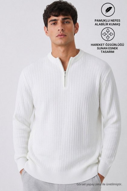 Men's Cotton Striped Anti-Pilling White Knit Sweater