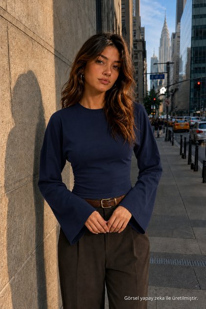 Women's Wing Sleeve Fit Textured Navy Blue Blouse