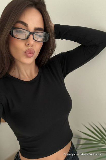 Tricou crop negru, mulat, Premium basic pentru femei