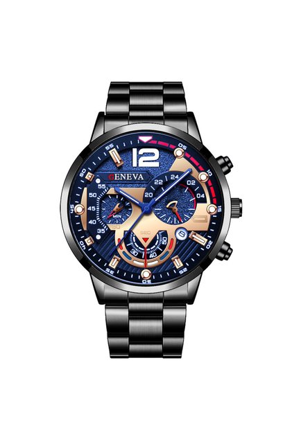 Black Blue Fashion Men's Watches Stainless Steel Band Analog Quartz Wristwatch with Calendar