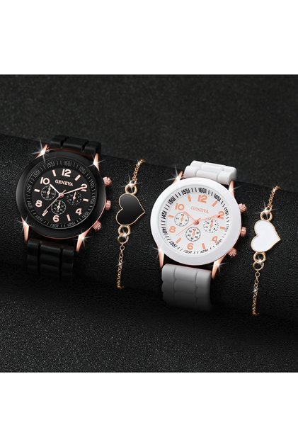 Black White Set 4PCS/Set Couple's Watches Fashion Silicone Band Women Quartz Watch Heart Bracelet Se