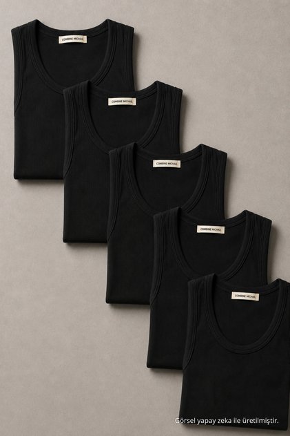Men's Flexible 5-Piece Black Ribbed Undershirt