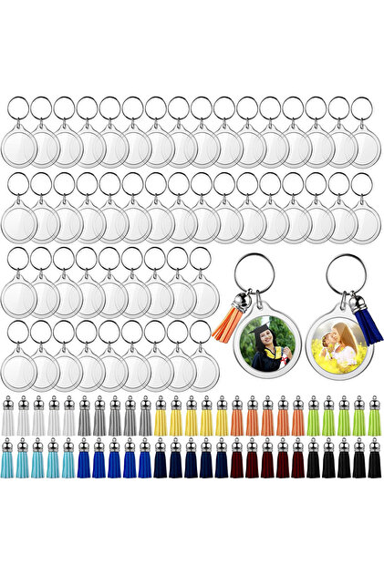 100pcs 100PCS Circle Acrylic Photo Frame Keychain with Tassels Snap-In Custom Insert Photo Acrylic B