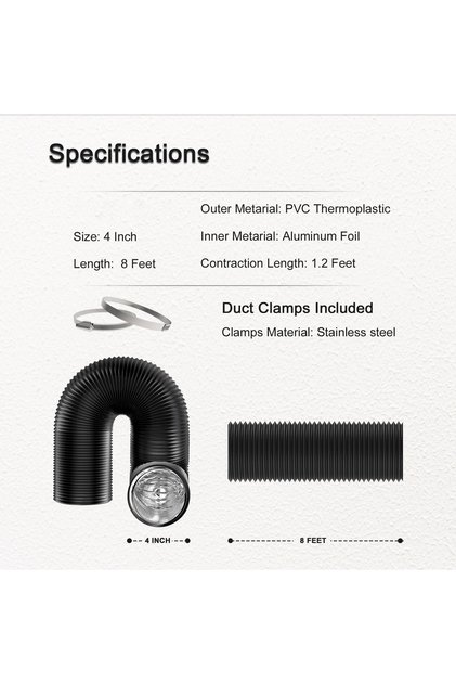 100mm X 2.5m Black 4 inch Dryer Vent Hose with 2 Stainless Steel Clamp Air Ducting Heavy-Duty Flexib