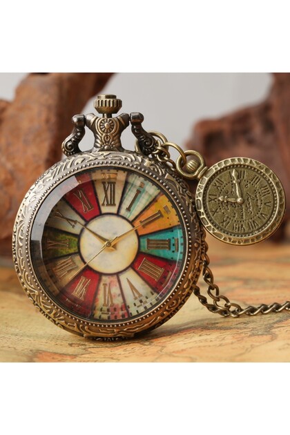 Broze Retro Bronze Roman Numeral Glass Colorful Dial Pocket Watch With Roman Label Necklace Pendant