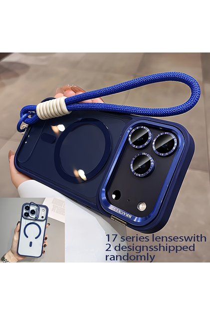 iPhone17 Pro Blue Luxury Orange Lanyard Magnetic Wireless Charging Metal Lens Holder Phone Case，Comp