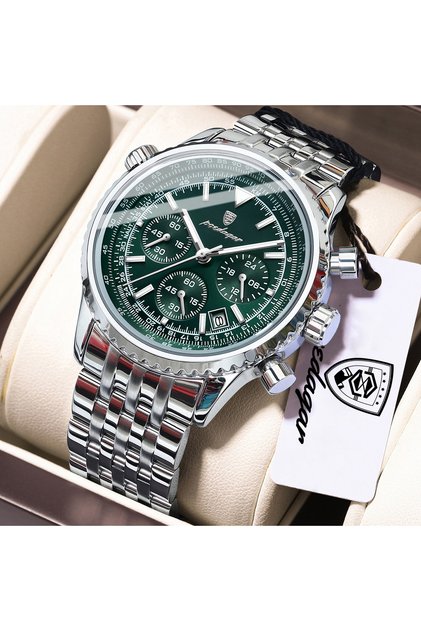 960 Silver Green POEDAGAR Luxury Watches For Man Date Chronograph Stainless Steel Sport Men Watch Wa