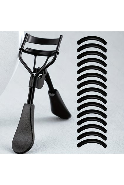 Black Portable Eyelash Curler with 15 Silicone Pads and Stainless Steel Eyelash Curler, Used for Eye