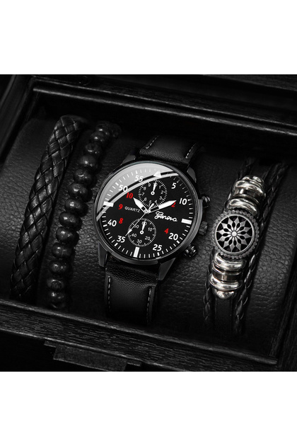 4PCS Set A No Box 5PCS/4PCS Fashion Men's Business Watches Casual Leather Band AnalogQuartz Watch Vi