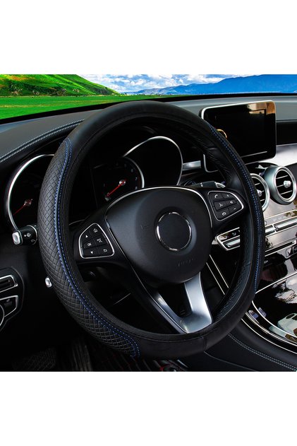 BK blue A Leather Embossed Stereo Massage Car Without Inner Ring Steering Wheel Cover Fits 37-38cm 1
