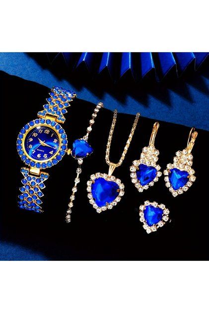 blue 6PCS Elegant Women's Fashion Jewelry and Watch Set, Ladies Blue Rhinestone Dial Quartz Wristwat