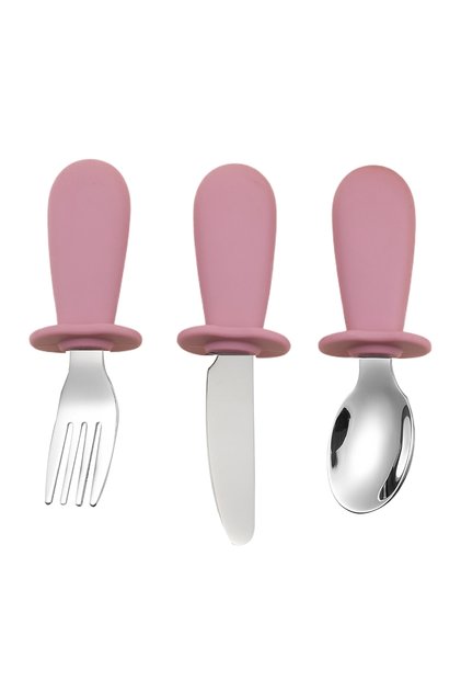 Dark Pink 3-Piece Silicone Spoon and Fork Cutlery Set for Baby Food and Feeding Utensils, Children's