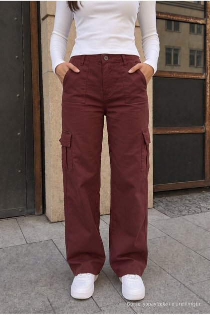 Kargo Cepli Likralı Yüksek Bel Wide Leg Okul Pantolonu