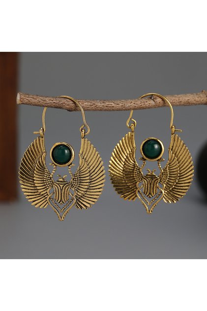 E1251-1 Vintage Golden Egyptian Style Sacred Wings Beetle Design Inlaid Emerald Hoop Earrings Gold C