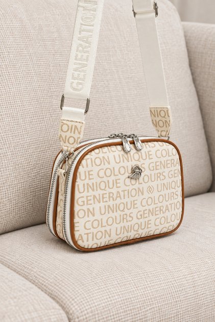 Women's Cream-Tan Written Multi-Compartment Crossbody Shoulder Bag with Adjustable Strap for Daily Use Zippered Bag