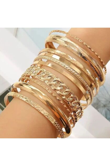 J26031210-1 10pcs/set Metal Bangles Set For Women Heavy Punk New Styles Hiphop Textured Fashion Brac