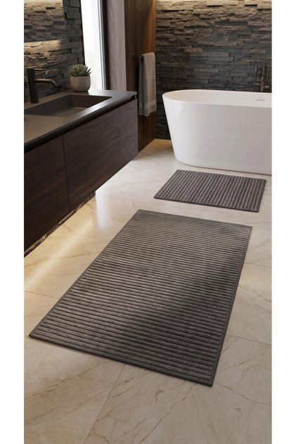 Lidya Antrasit Çizgili 2'li Paspas Seti(60x100+50x60) Kaydırmaz, Kolay Temizlenir, Kadife Hissi