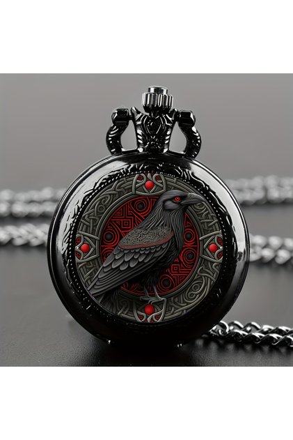 black Gothic Design Black Raven Pocket Watch With Necklace Alloy Case & Band,Quartz Movement, Non-Wa