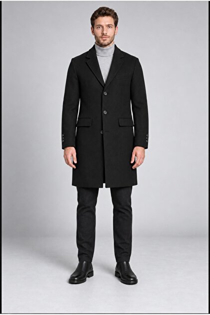 Men's Black Slim Fit Cashmere Coat Classic Collar 3 Buttons Long Cut Winter Coat
