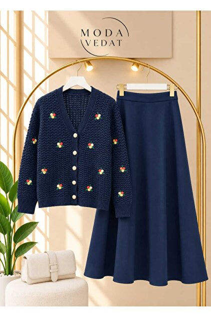 Women's Floral Embroidered Knit Cardigan - Scuba Skirt Set