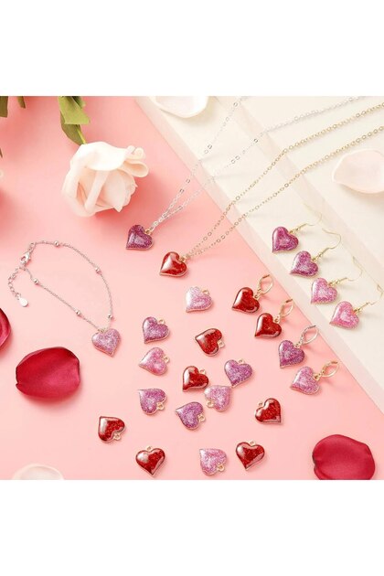 mix color 15pcs 15pcs Heart Shape Pendant Charms Pink Red Valentines Love Oil Drip Metal Glitter Pow