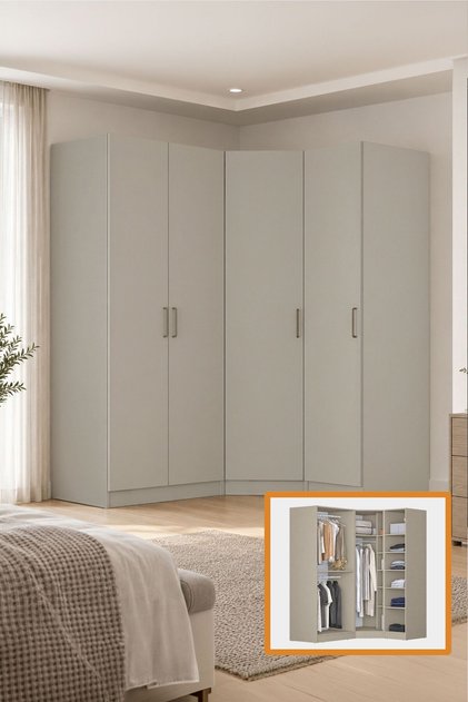 Rani BA389 Modüler Köşe Gardırop 4 Kapaklı Raflı Askılı Elbise Dolabı Kumtaşı