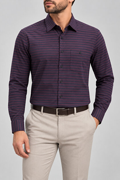 Men's 100% Cotton Long Sleeve Striped Shirt Classic Cut Single Pocket Hidden Button Collar Breathable Fabric