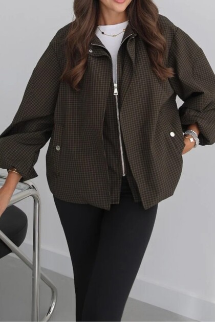 Brown Olive, Velvet Collar, Checked Bomber Jacket Per9766
