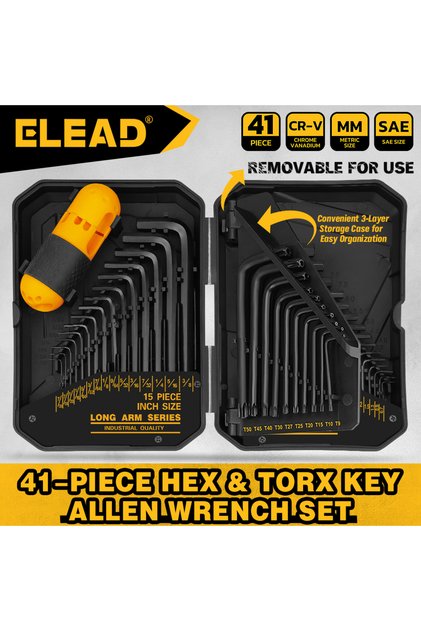 ELEAD 41PC Hex Key Allen Wrench Set Standard SAE(0.028"-3/8") & Metric(0.7mm-10mm) & Torx(T9-T50) in