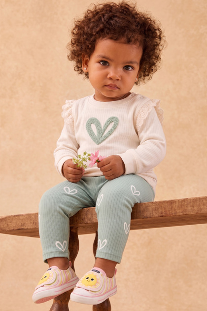 Baby Girl Heart Detailed Corduroy Set, Flounce Top and Bottom Clothing Set