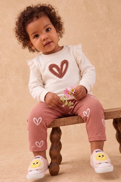 Baby Girl Heart Detailed Corduroy Set, Flounce Top and Bottom Clothing Set