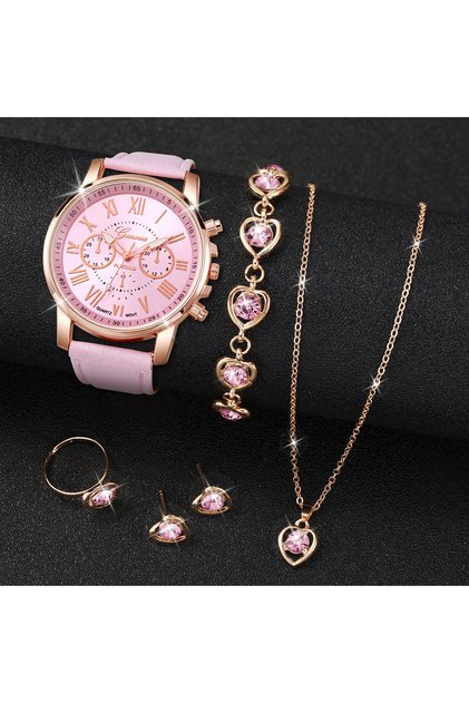 pink 5pcs kit 5PCS/Set Fashion Women Watch Rhinestone Heart Jewelry Set Geneva Watch Casual Leather