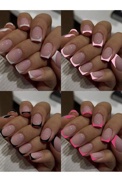 MULTI 24pcs Short Square Black France Full Cover Fake Nail Set 1pc Nail File & 1Nail Glue Sticker Ki
