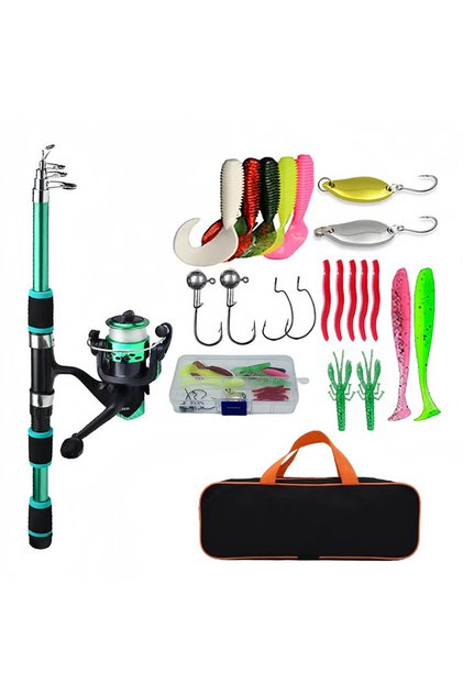 Bundle1 green Fishing Pole Set Full Kits With Telescopic Fishing Rod And Spinning Reel Baits Hooks T