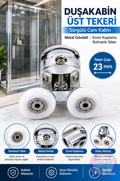 Duşakabin Üst Tekeri Sürgülü Cam Kabin Metal Gövdeli Krom Kaplama Rulmanlı Teker (Teker Çapı 23 mm)