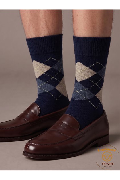 Men's Winter Thermal Wool Warm Lambswool Dark Blue Beige Checked Socks
